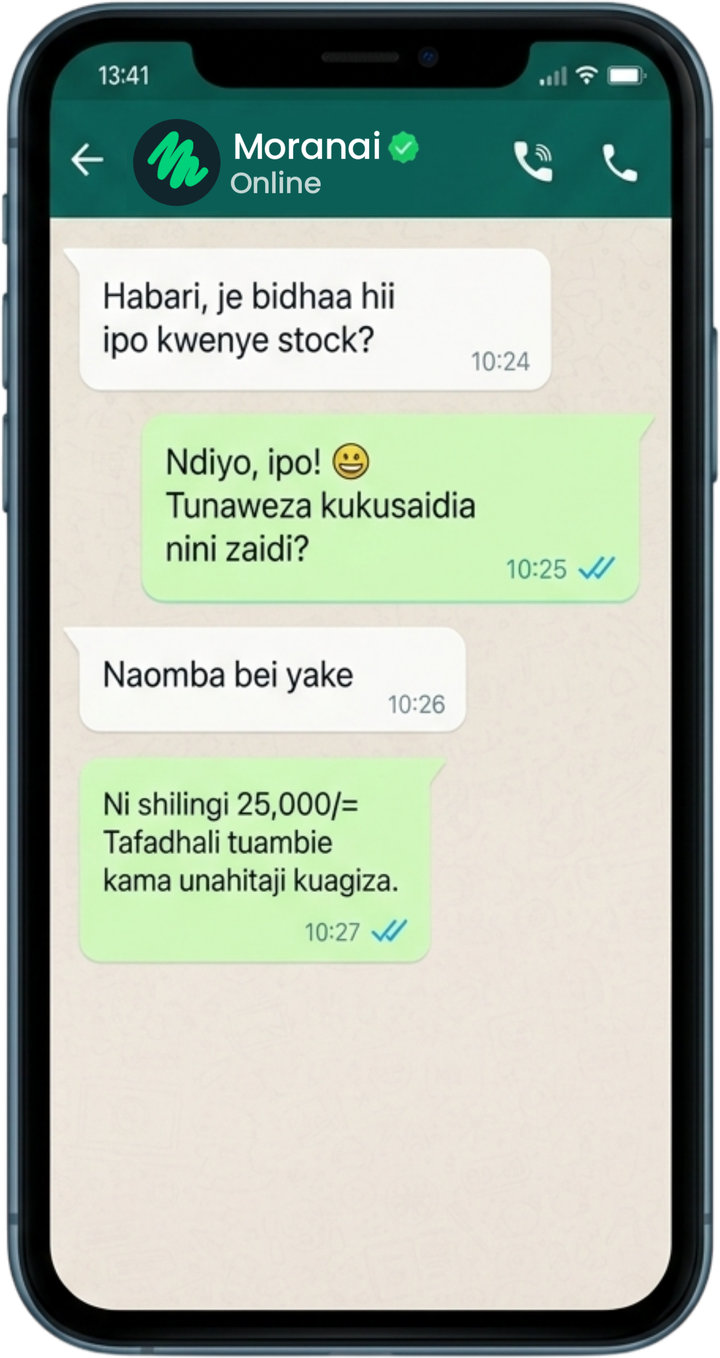 WhatsApp chat where the Moran AI agent confirms stock and quotes TSh 25,000 in Kiswahili